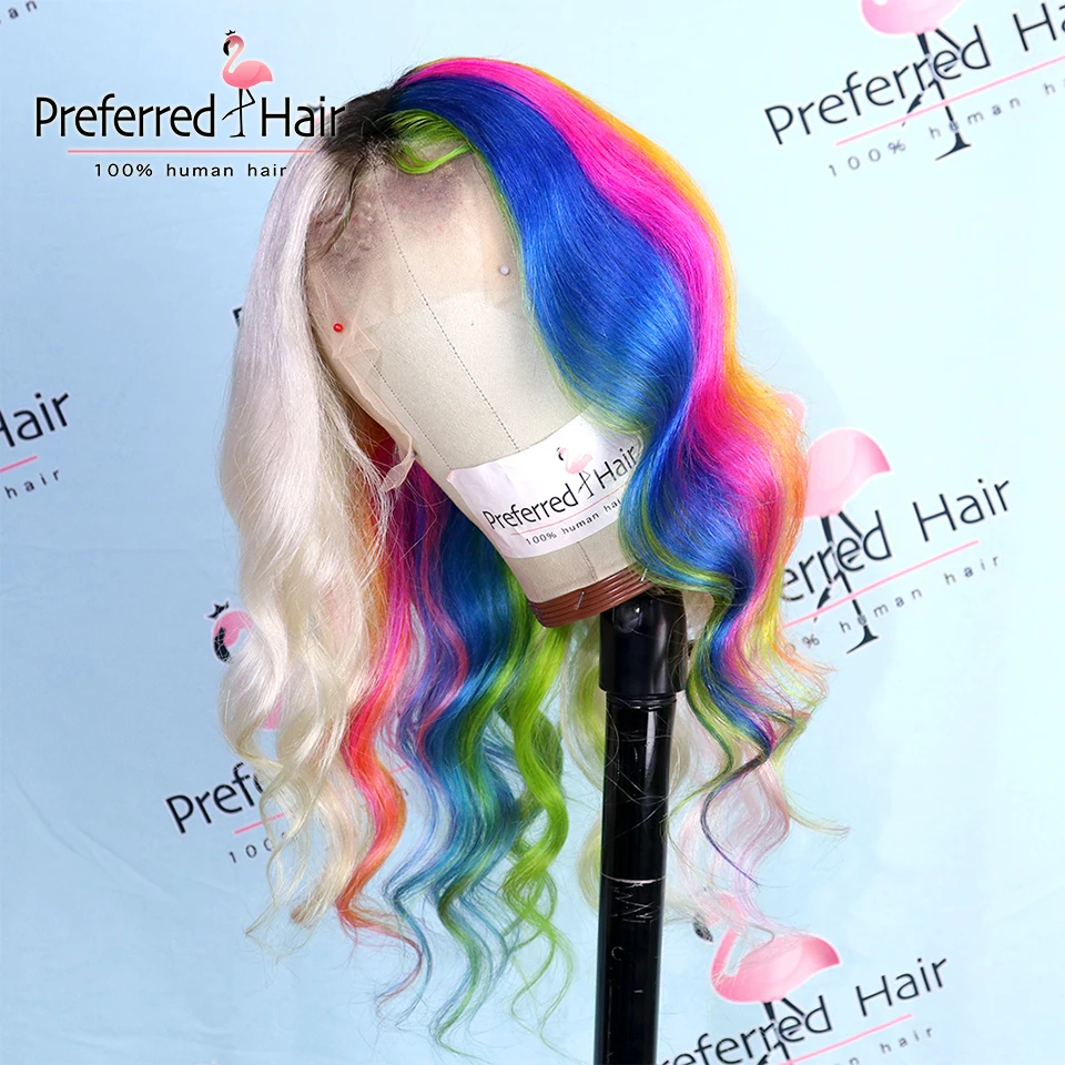 Предпочтительный Зеленый Фиолетовый Радужный парик бразильские парики с