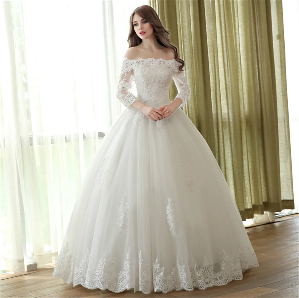 vestido de noiva, кружевное бальное платье с вырезом лодочкой, рукав 3/4, на заказ, большие размеры, свадебное платье принцессы, платья для матери невесты