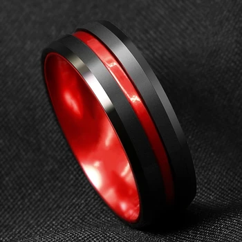 

FDLK 8mm Black Carbide Stainless Steel Thin Red Line Wedding Band Ring Men's Jewelry