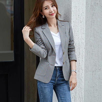 Plaid Blazer Повседневный женский зеленый серый коричневый клетчатый Блейзер новые шикарные износоустойчивые кардиганы куртки длинный рукав тонкий пиджак и куртки - Цвет: Plaid Blazer