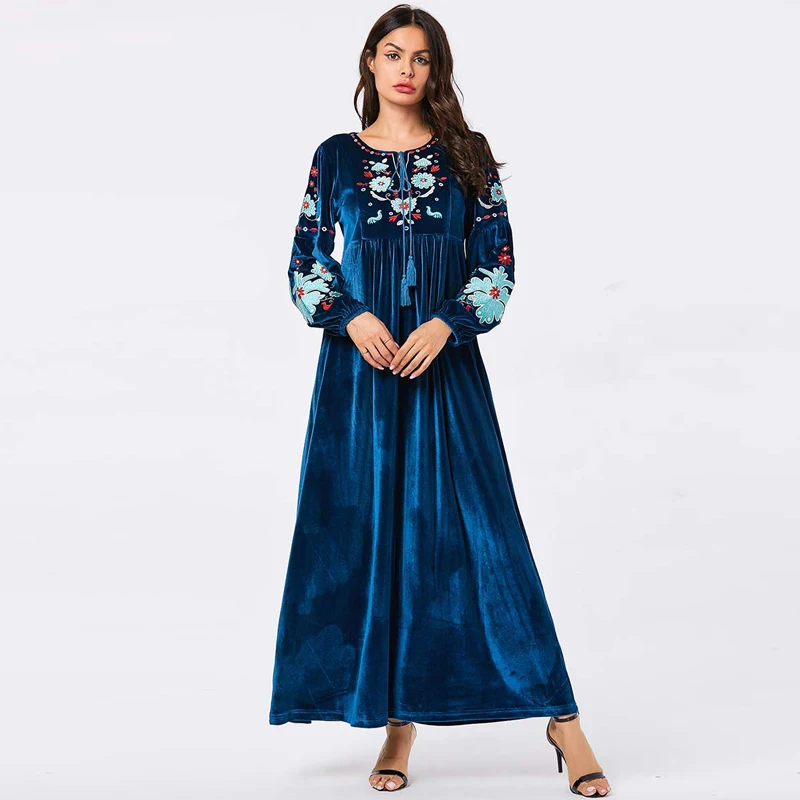 blue dress Большие размеры Зима Vestidos Макси вышивка вельветовое платье женские платья Sukienki Vestido Longo Robe Longue Femme Elbise - Цвет: blue dress
