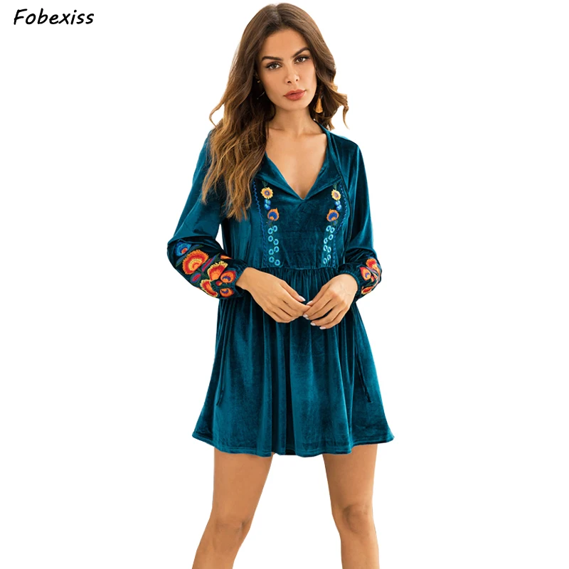 

2019 Fall Dress Women Long Sleeve Mini Short Embroidery Boho Dress Sexy V Neck Vestidos De Verano Vintage Floral Winter Dress
