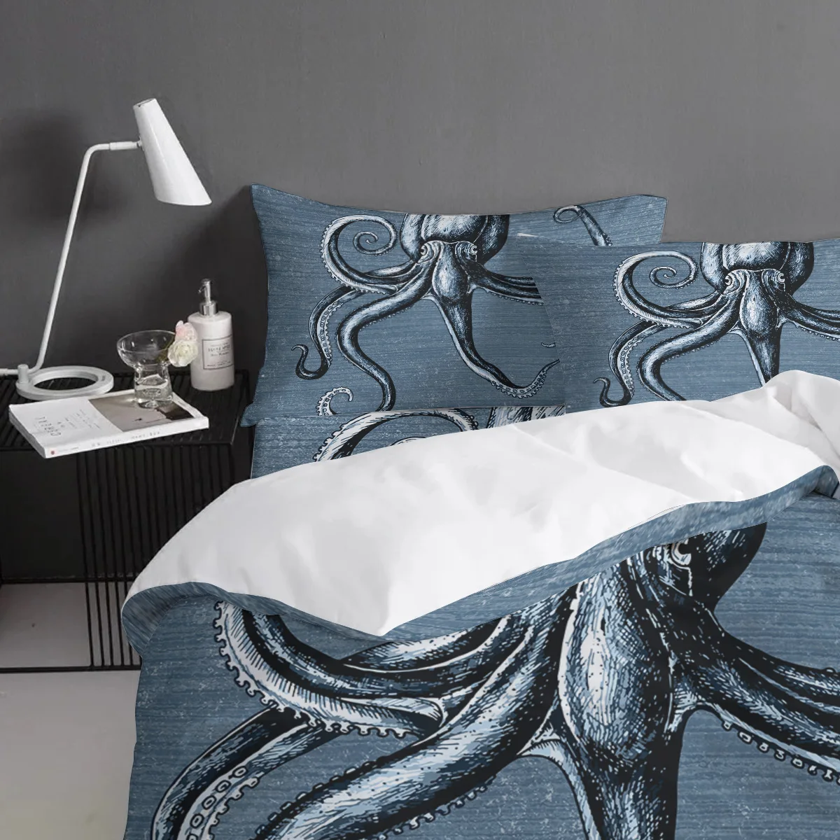 Blue Octopus Vintage Duvet Cover Set View of Folkloric Serape 4 Piece Bedding Set