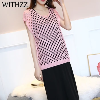 

WITHZZ Loose Plus Size Hollow Blouse Spring Summer Net Shirt Sun Protection Shirt Ladies Knitted Tops