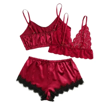 

Women 3PCS/Set Sexy Lace Lingerie Satin Pajama Sets Straps Bra Eyelashes Shorts Pajamas