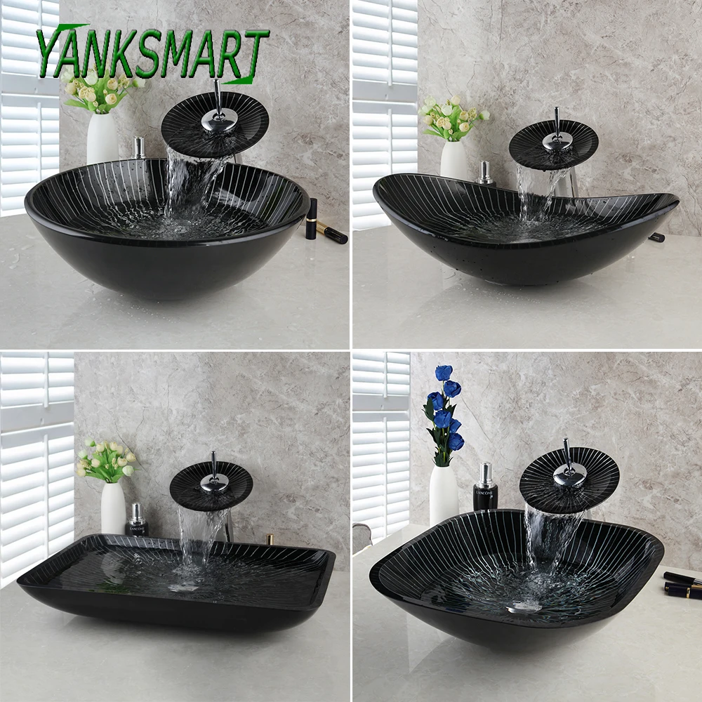 YANKSMART Ванная комната закаленное квадратное/Круглое стекло умывальник сосуд Раковина полоса белый и черный водопад кран набор с всплывающим сливом
