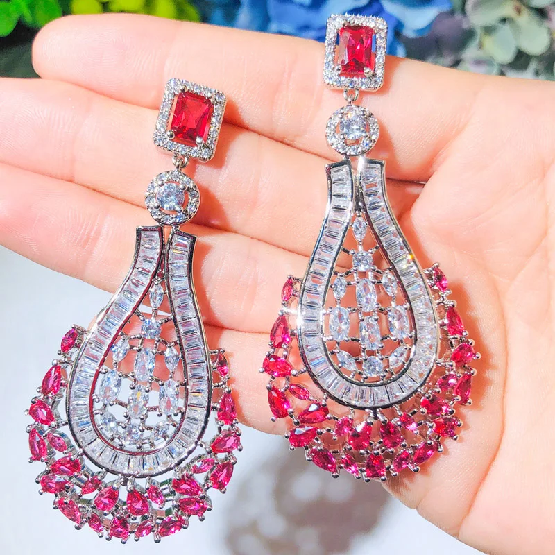 

LUALA 70mm Luxury Statement Large Dangle Drop Rose Red CZ Earrings Vintage Wedding Bridal Party Costume Jewelry CZ664