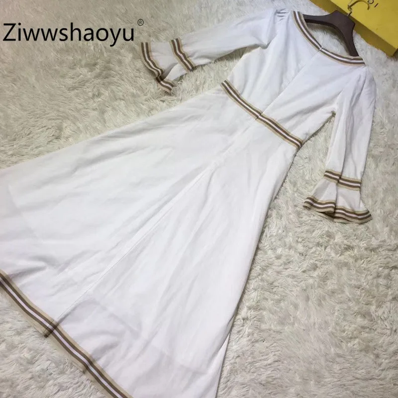 Ziwwshaoyu элегантное женское осенне-зимнее простое платье с круглым вырезом и расклешенными рукавами в полоску с бантом, Подиумные миди платья