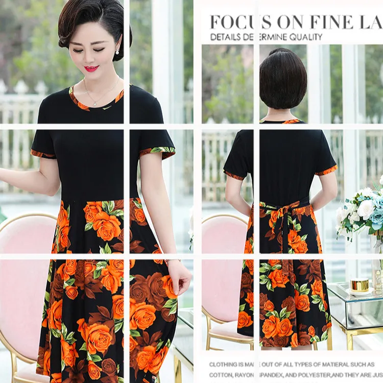 

Large Size Short Sleeve Middle-aged Women Dress Summer New Style Mock Two-Piece Mid-length Fashion Elegant Slimming Floral Print