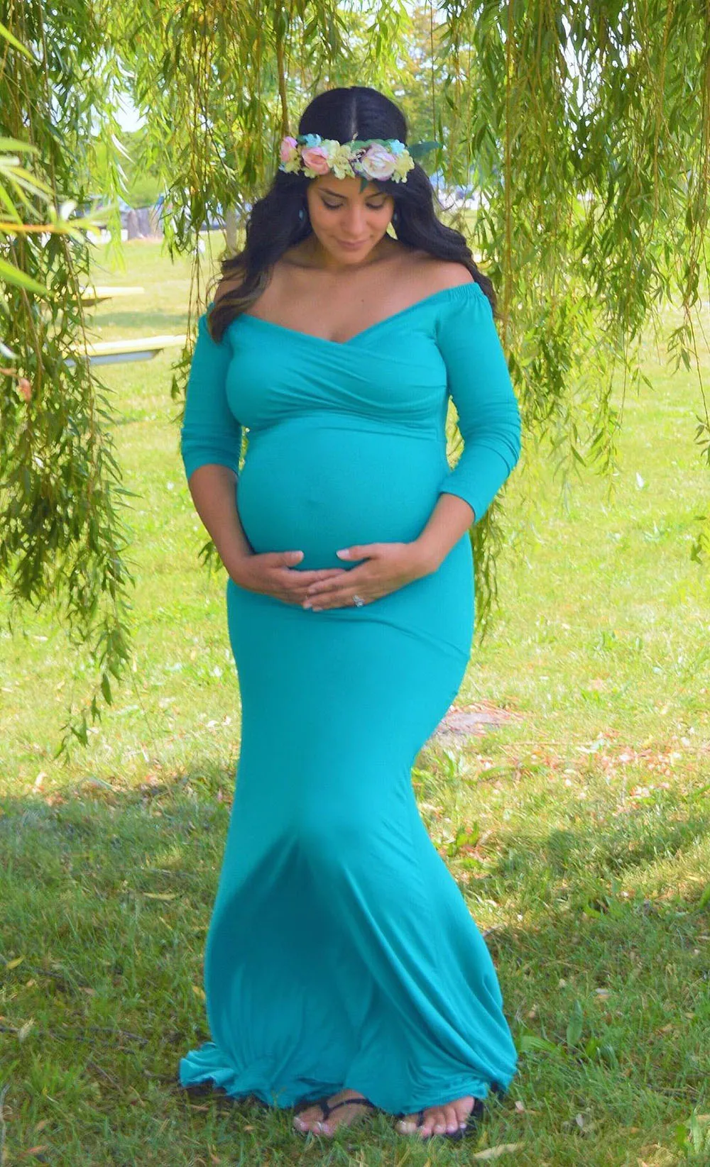 Long Sleeve Maxi Maternity Dress for Photo Shoot Elegant Fitted Gown Pregnancy Dress for Baby Shower Women Photography Prop 2020
