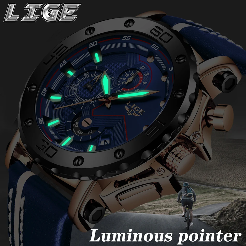 Relogio Masculino LIGE синие кожаные мужские s часы Топ Роскошные спортивные часы Мужские Корпус из нержавеющей стали многофункциональные кварцевые часы