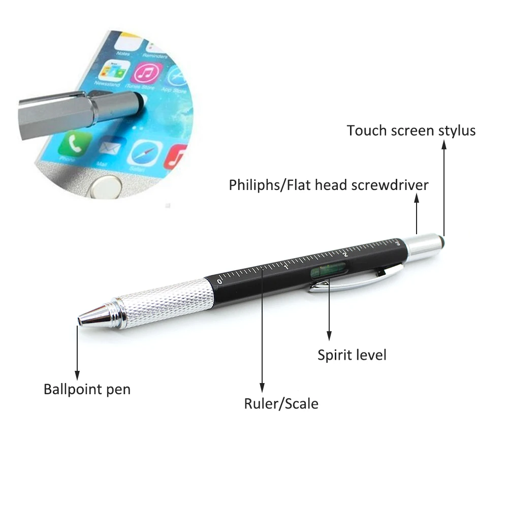 6 в 1 Мульти-инструмент технология ручка-отвертка ручка с линейкой, Levelgauge, шариковая ручка и ручка заправки