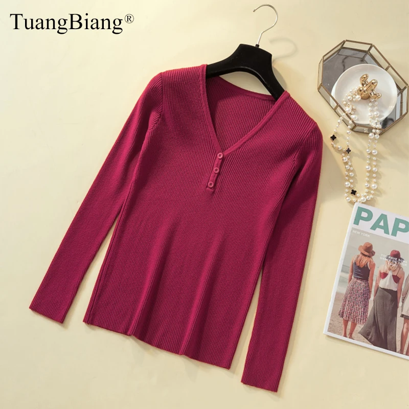 

Lady Full sleeve Knit Autumn Deep V-Neck Sweaters Basic Button Women Elastic Casual Pullovers Retro Burgundy Tops jumpers 2019