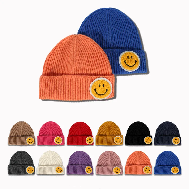 

Smiley Face Beanie Winter Slouchy Beanies with Smile Patch Womens Stocking Hats Knit Warm Skull Short Fisherman Beanie