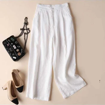 

large size women spring summer linen casual straight pants women female Elastic waistline loose wide leg pants ankle-length pant