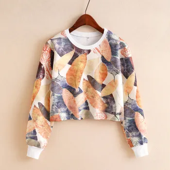 

women blusas de mujer Women Casual Long Sleeve cropped top Blouse fashion Leaves Print top mulheres casacos kobiety płaszcze#4