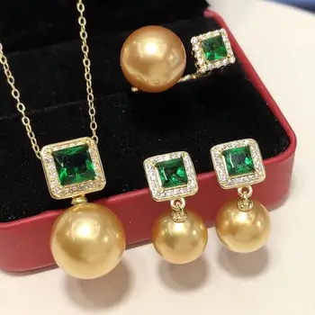 

D429 Pearl Set Fine Jewelry 925 Sterling Silver Round 9-12mm Natural Fresh Water Golden Pearls Jewelry Sets for Women Presents