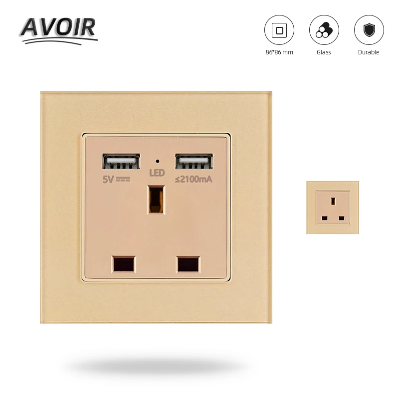 

Avoir Dual USB Port UK Standrad Home Power Wall Socket Plug Golden Luxury Glass Panel 86mm*86mm