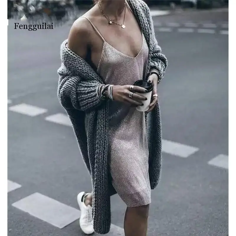 

Women Cardigan Female Casual Warm Winter Jersey Cardigans Long Bell Sleeve Knit V-Neck Block Open Front Loose Sweater Plus Size