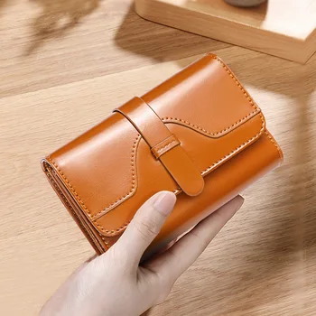 

Female Clutch Money Purse Wallet Women's Short Wallet New Fashion Purse Retro Genuine Oil Wax Cowhide Large Capacity Card Holder