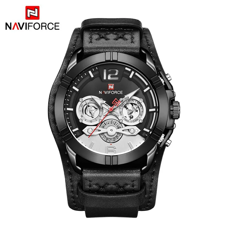 Black White Black NAVIFORCE, новые спортивные модные часы, мужские Кварцевые Светящиеся армейские военные часы с кожаным ремешком, мужские часы с календарем, повседневные часы - Цвет: Black White Black