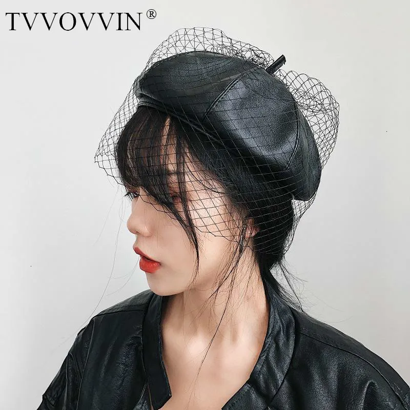 TVVOVVIN, женская шапка с сеткой, из искусственной кожи, берет, модная, Ретро стиль, женская, s-black-Hat, универсальная шапка, Осень-зима, B392