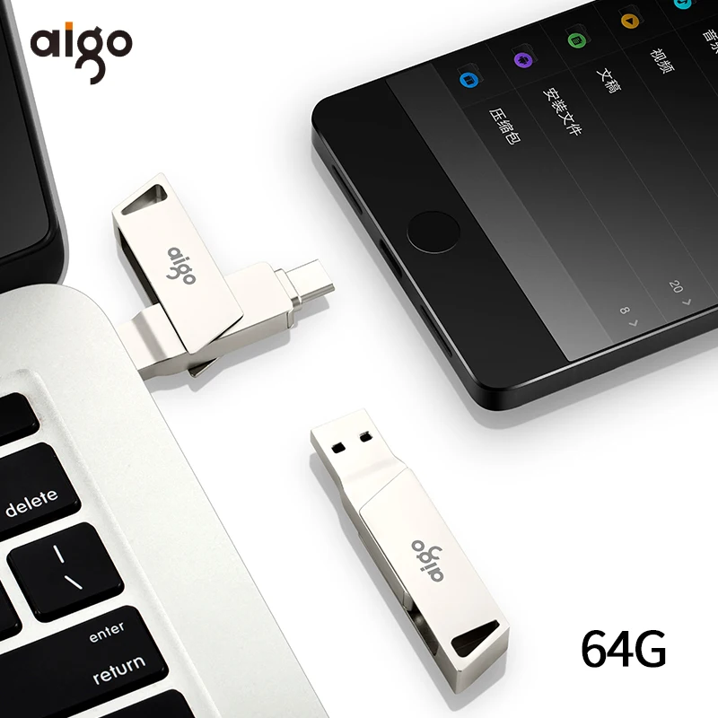 Aigo OTG usb flash drive for Android type C high speed pendrive 360° rotatable metal pen drive 3.0 usb 3.0 64GB memoria usb