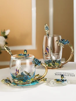 

Enamel water cup coffee glass female heat resistant flower tea cup set European tea cup household cup gift creativity