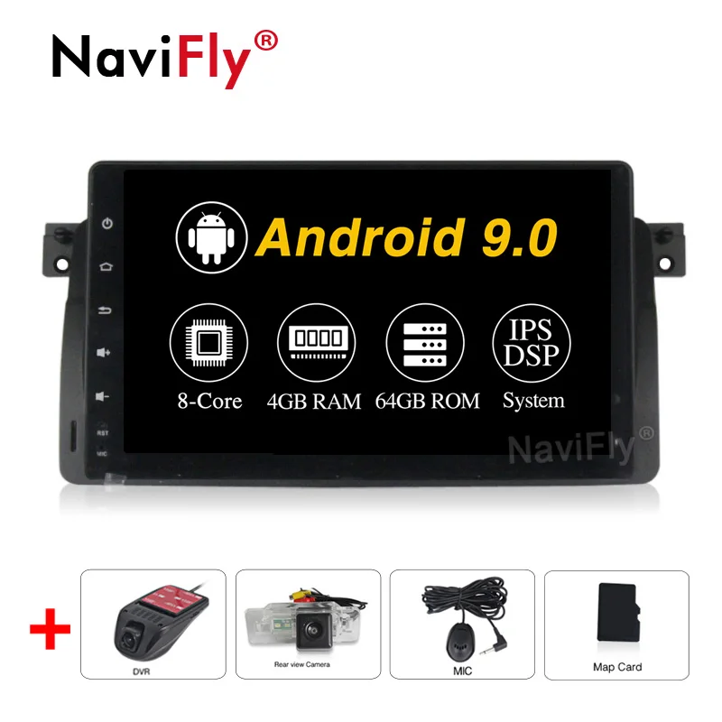 Best NaviFly Free shipping 4g wifi Pure Android9.0 ISP DSP  Car multimedia player For BMW E46 M3 with DVR OBD2 View camera 0