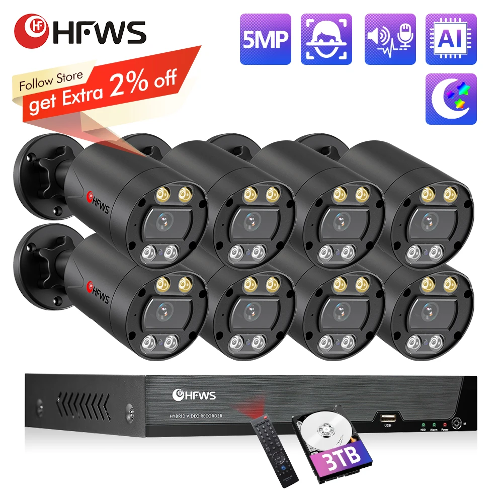 HFWS H.265 security cameras POE 5MP NVR Kit CCTV Security System Two-way Audio AI IP Camera  Video Surveillance Camera KIT
