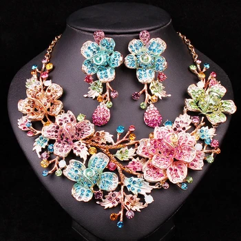 

LUXURY BRIDAL JEWELRY SETS WEDDING NECKLACE EARRINGS SET FOR BRIDES COSTUME ACCESSORIES FLOWER RHINESTONE JEWELLERY WHOLESALE