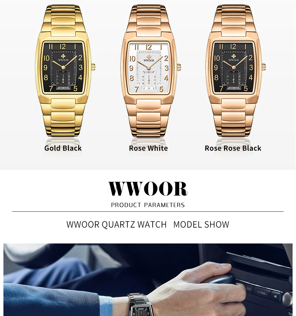 2022 Fashion WWOOR Square Watches For Men WristWatch Luxury Gold Black Stainless Steel Waterproof Quartz Clock Relogio Masculino