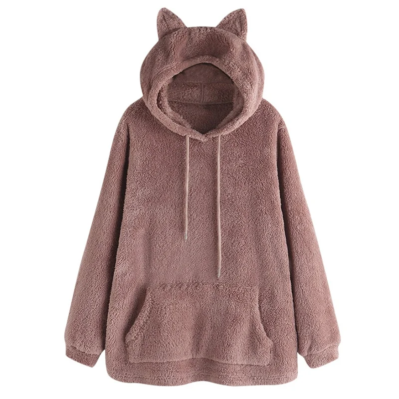 Pink Женская флисовая толстовка с вышивкой кошачьими ушками размера плюс, толстовка с карманом, зимний теплый пуловер, Длинная блузка для дам, уличная одежда - Цвет: Pink