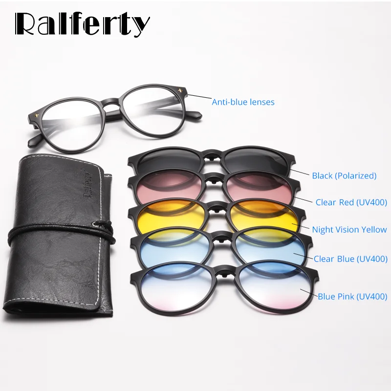 Ralferty 5 в 1 круглые скрепки на очки поляризационные UV400 женские анти-синие магнитные солнцезащитные очки для вождения Оптические солнцезащитные очки оправа