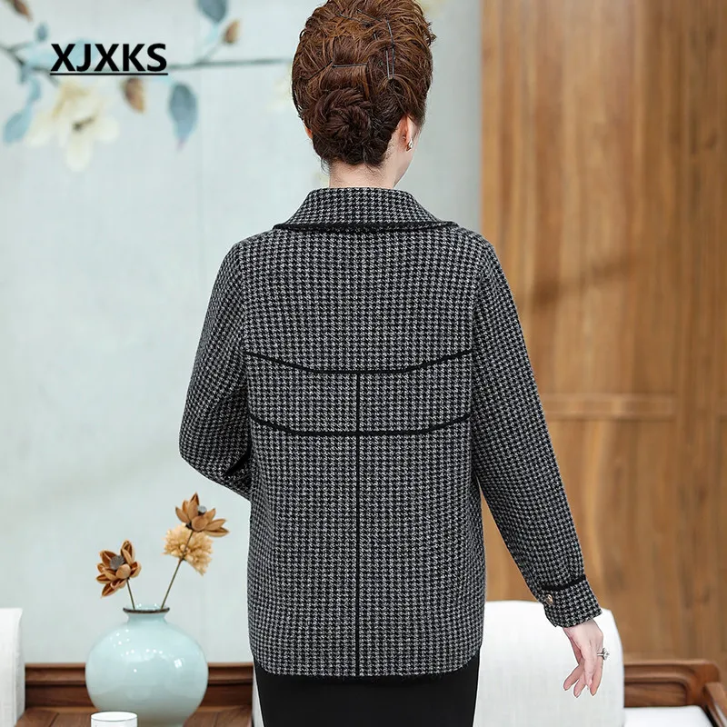 XJXKS Fashion lapel women sweater coat autumn winter new loose plus size fashion houndstooth women knitted jacket