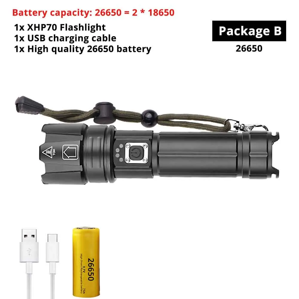 Package B-26650 Супер яркий XHP70.2 светодиодный фонарик с дисплеем батареи Водонепроницаемый Военный светодиодный фонарь телескопический зум используется для приключений, охоты - Испускаемый цвет: Package B-26650