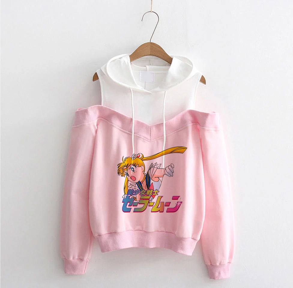 Сейлор Мун с открытыми плечами толстовка Kawaii одежда Топы женские толстовки Harajuku Сейлор толстовка с Луной одежда