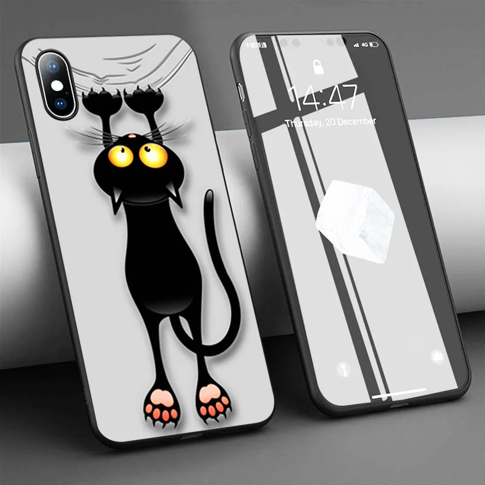 Мягкий силиконовый чехол Coque Fun с изображением черной кошки для iPhone 11 Pro Max X 5S 6 6S XR XS