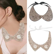Vintage Women Sequined Beaded Knitted Cloth Ribbon Fake Collar Choker Necklaces Clothing Accessories