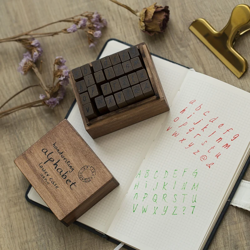 28 pcs Vintage Handwriting English Stamp Alphabet Letter Wood Rubber Stamps Set With Wooden Box For Scrapbooking