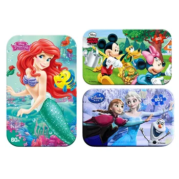 

Disney Puzzle 60 Pieces Wooden Puzzle with Tin Box Mickey Mouse Princess Frozen Educational Toys Learning Toys for Children
