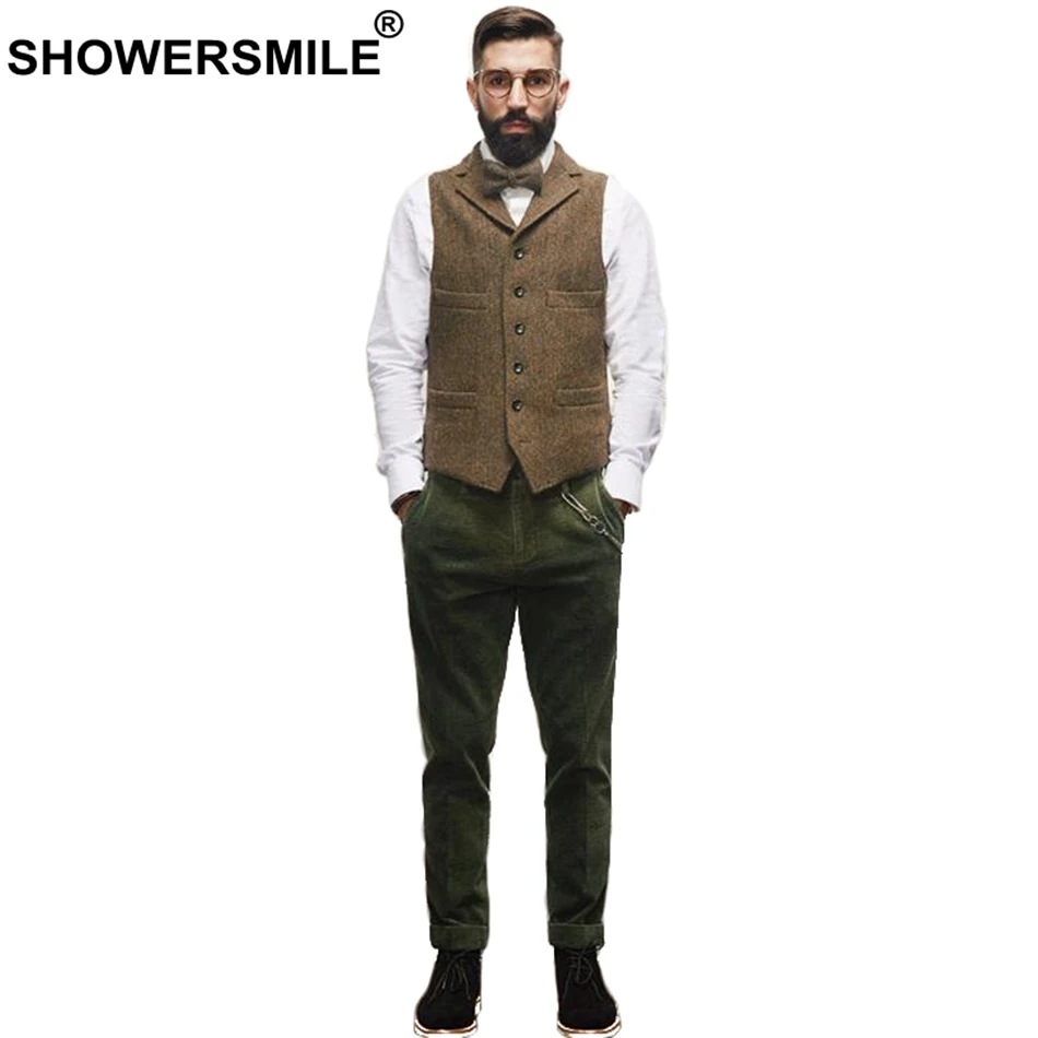 SHOWERSMILE твидовый жилет мужской жилет в елочку коричневый винтажный жакет без рукавов мужские карманы Ретро Тонкий Повседневный Осенний жилет - Цвет: brown vest