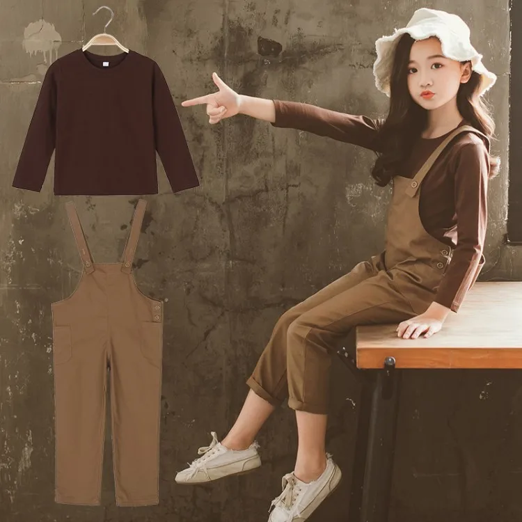 

2019 Autumn Childrenswear New Style Girls Autumn Clothing Children Korean-style Spring And Autumn Long Sleeve Suspender Pants Se