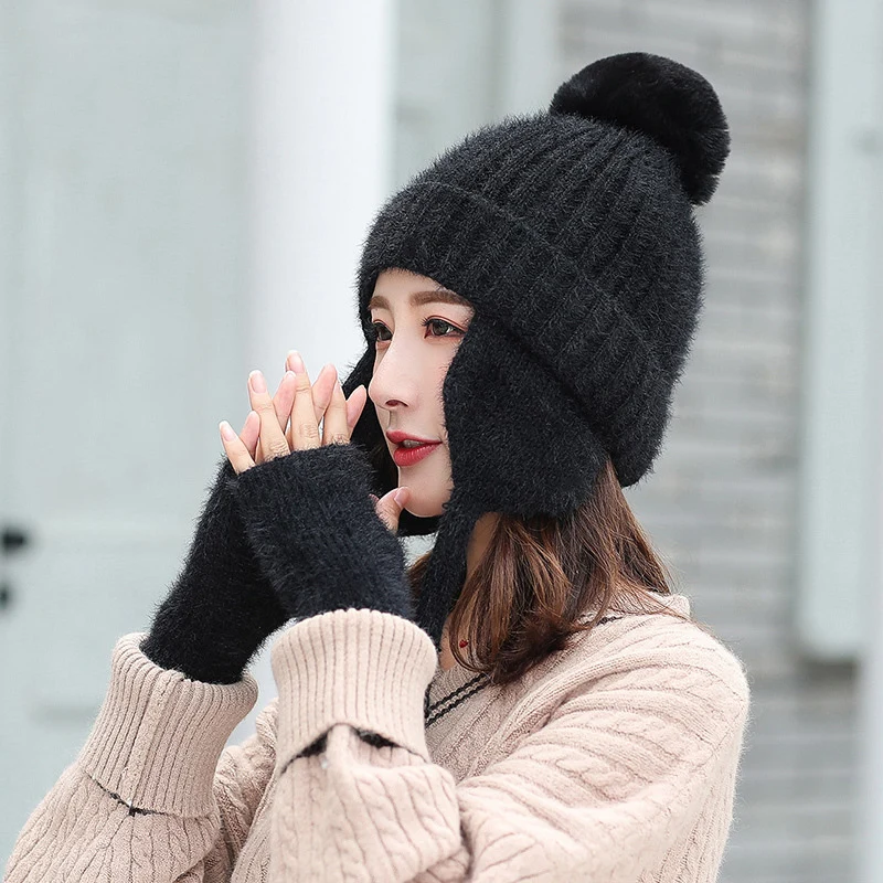 Solid Women Earflap Cap Gloves Set Classic Polyester Beanies Hat for Sweet Girls Super Soft with Big PomPom Lady Winter Warm Hat