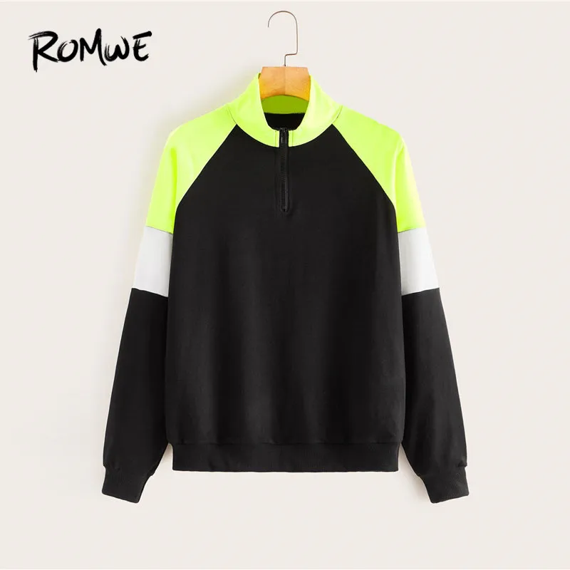 ROMWE Спортивная толстовка с цветными блоками на молнии, женская одежда для тренировок, черный спортивный костюм с полупланкой, толстовки с длинным рукавом