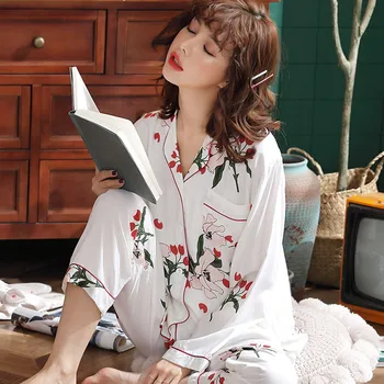 

Pajamas women's lapel long-sleeved spring and autumn high-end casual cardigan casual tops cotton pajamas suit women pajamas