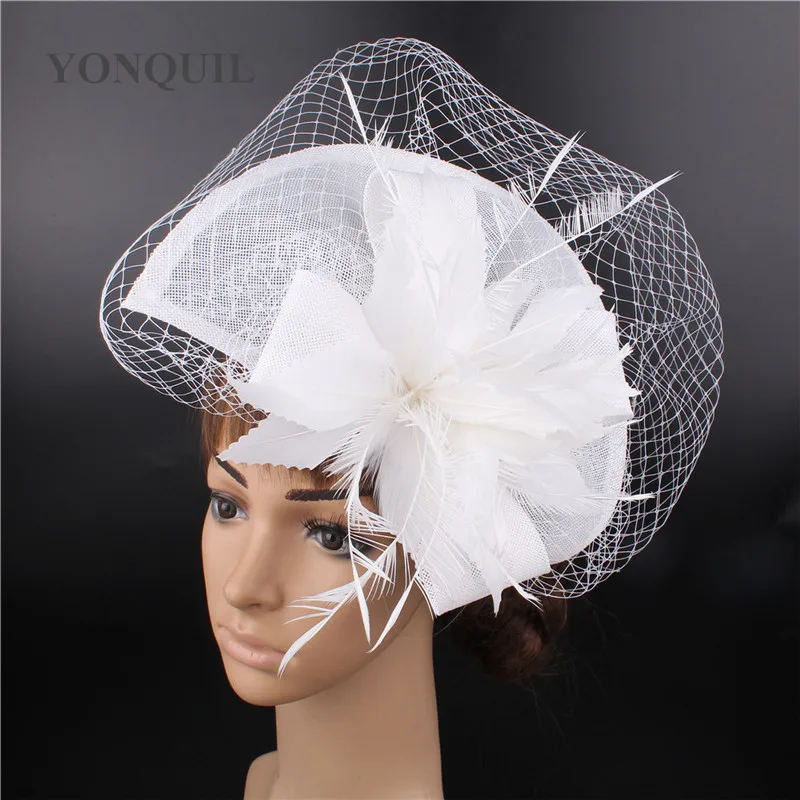 Белый Новые цвета, ручная работа, имитация Sinamay, свадебная сетчатая шляпа, Вуалетка с петлями для вуали и темно-персиковыми перьями, головной убор - Цвет: Белый