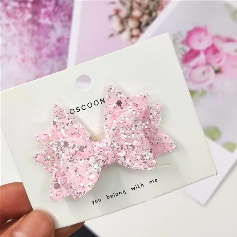 

1PCS Lovely Pink Leather Glitter 2.2 Inch Bow Elastic Hair Bands Hairpins Party Clips Barrettes Hair Accessories For Baby Girls