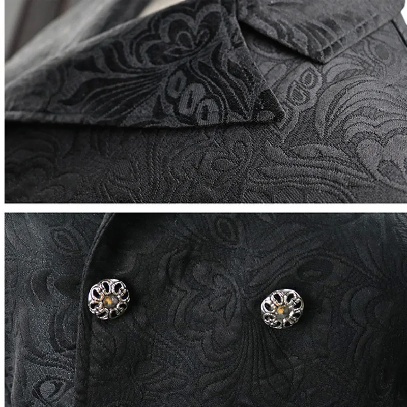 Mens Black Gothic Steampunk Slim Fit Vest Medieval Jacquard Double Breasted Waistcoat Male Stage Prom Cosplay Costume M3058