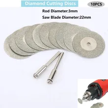 Disques de coupe en diamant 22mm, Mini lame de scie en diamant avec 2 pièces de connexion tige de 3mm pour dremel perceuse outil rotatif adapté 10 pièces